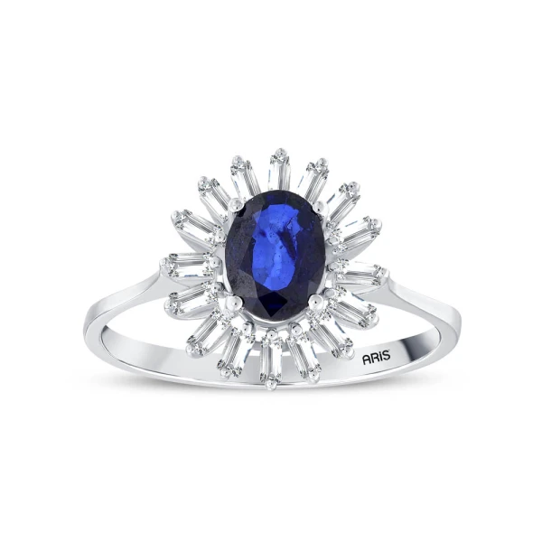 Tek Sıra Baget Pırlanta Ortası Safir Yüzük